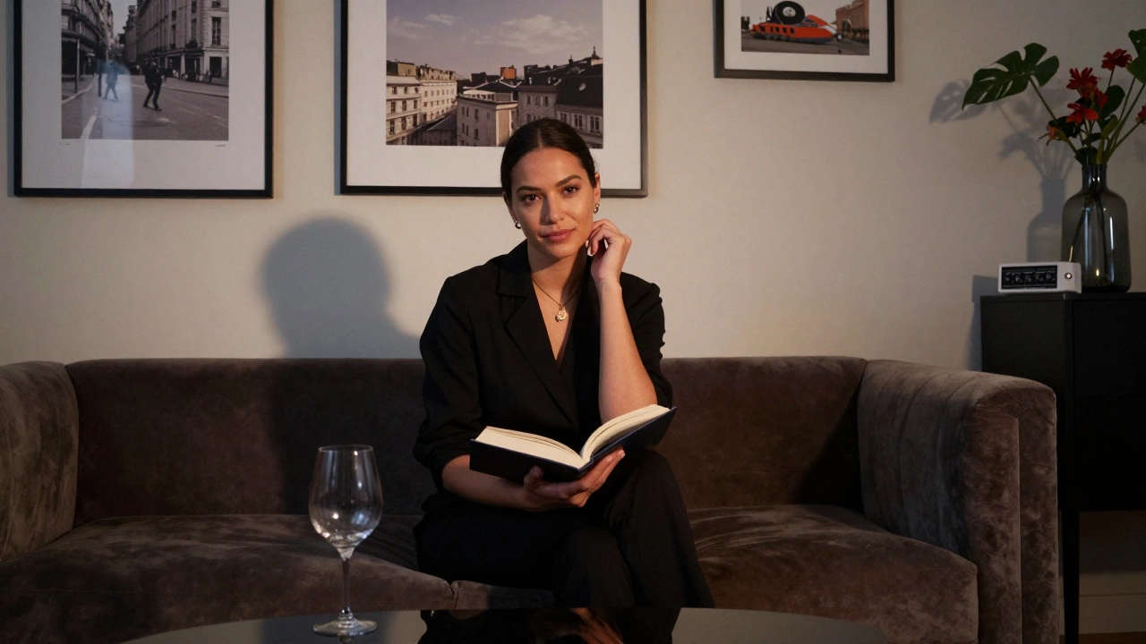 A confident woman sits reading on a sofa in a well-decorated Paris apartment, lamplight highlighting her calm expression.
