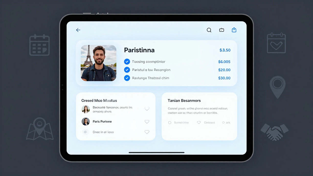 A digital companion profile on a tablet with verified badges and client reviews, displayed in soft blue light.
