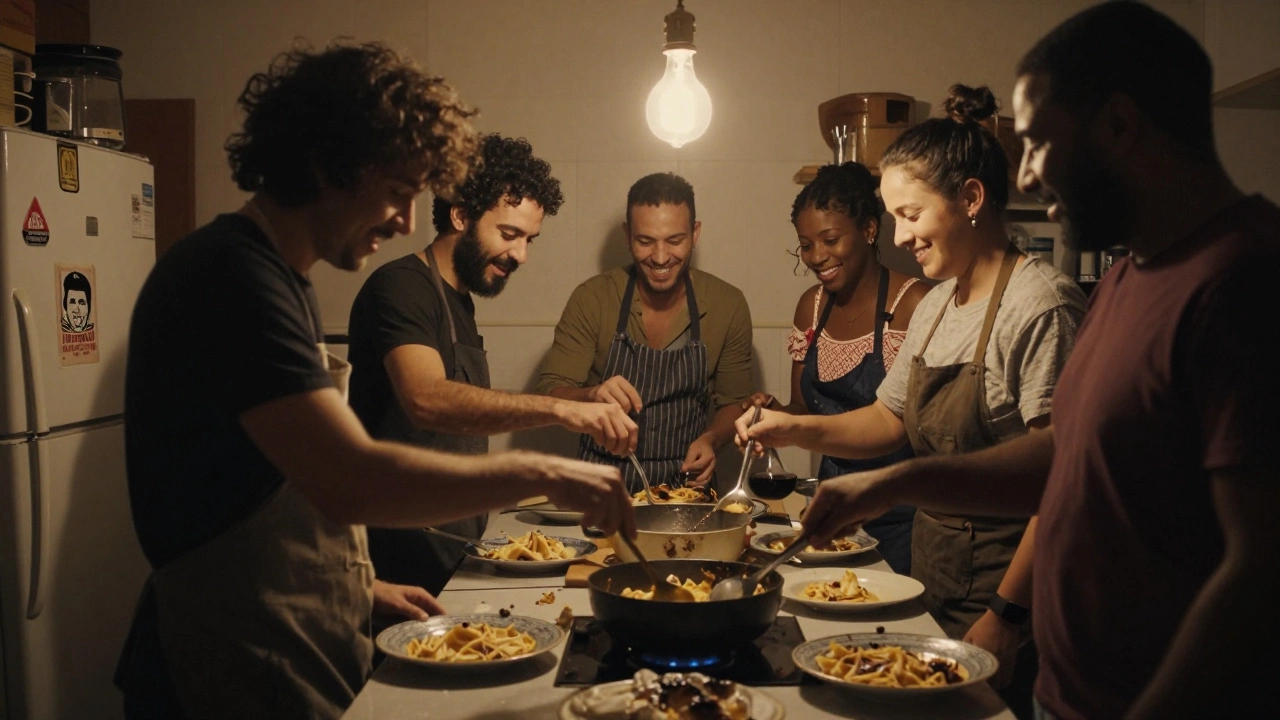 Diverse friends cooking together in a warm, cluttered kitchen, laughing over burnt pasta.