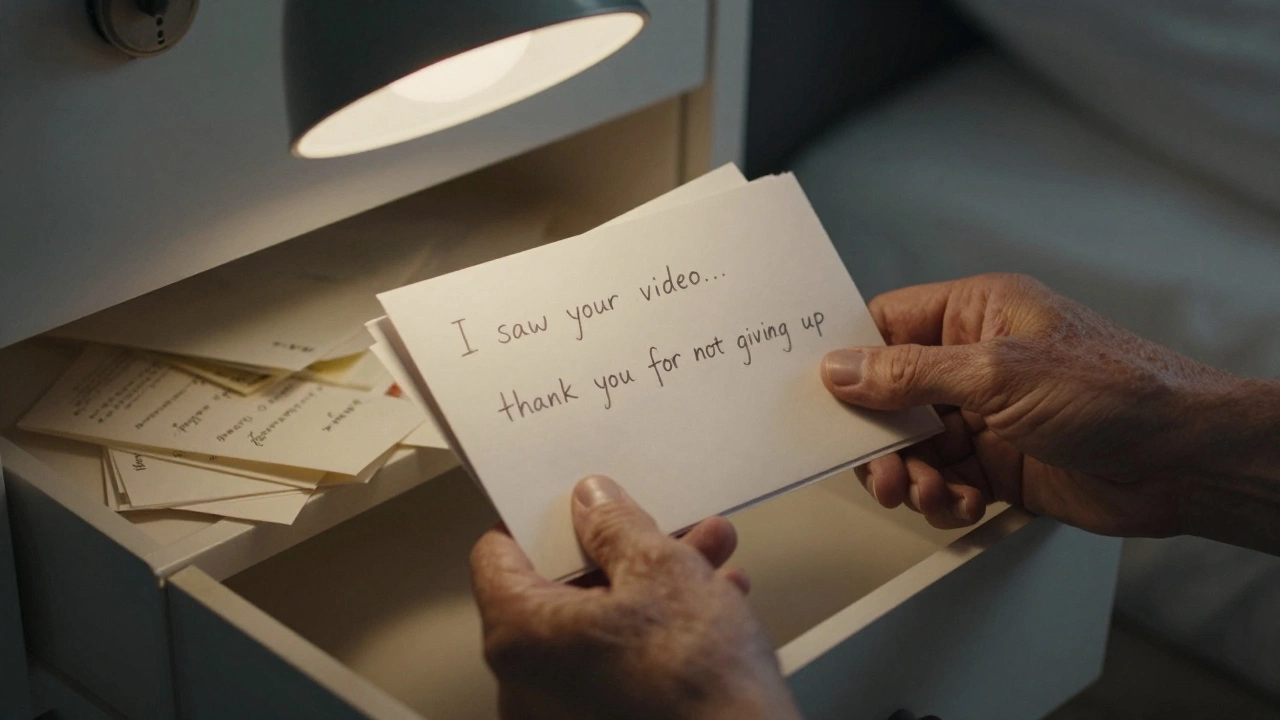 Weathered hands holding handwritten letters under a bedside lamp, symbols of quiet solidarity.
